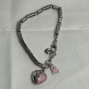 Brighton Power of Pink Bracelet Silver Plated Pink Crystals Heart Charm 8"